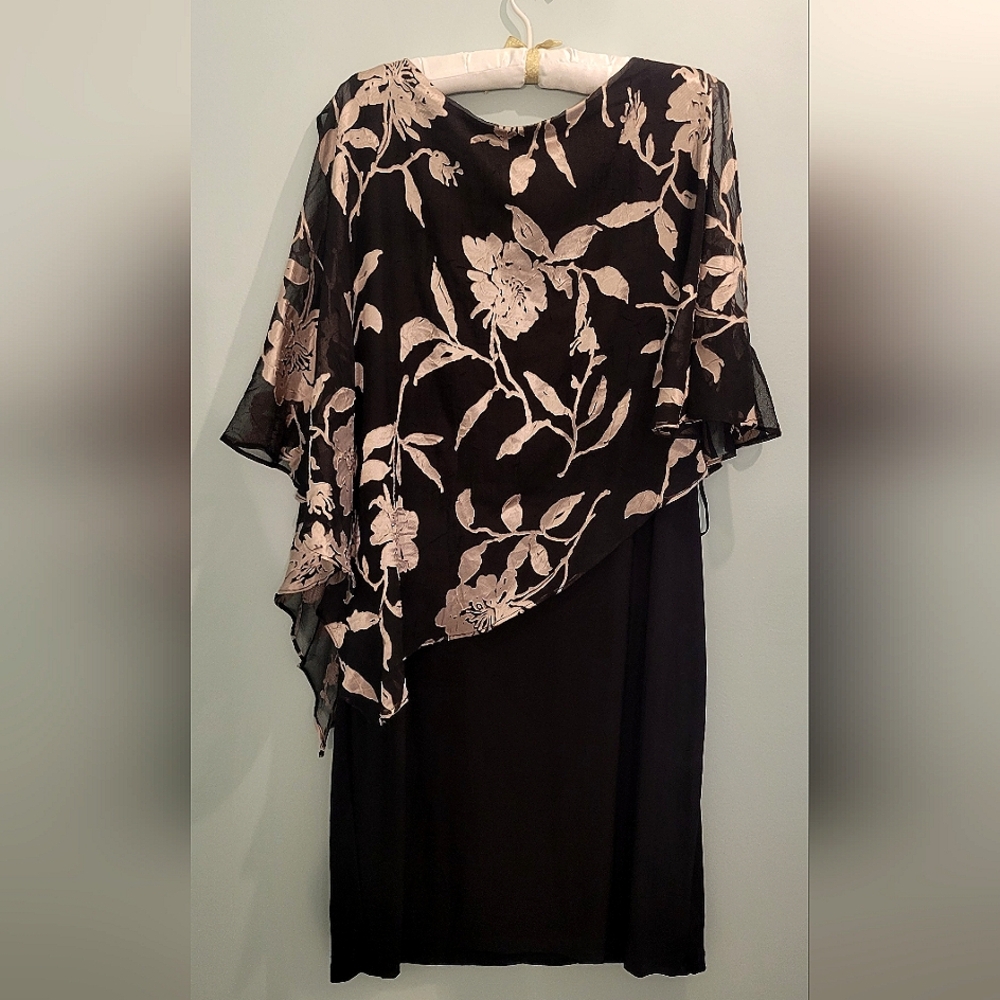 Perceptions Black & Gold Asymmetrical Dress Size 16 with Sheer Overlay